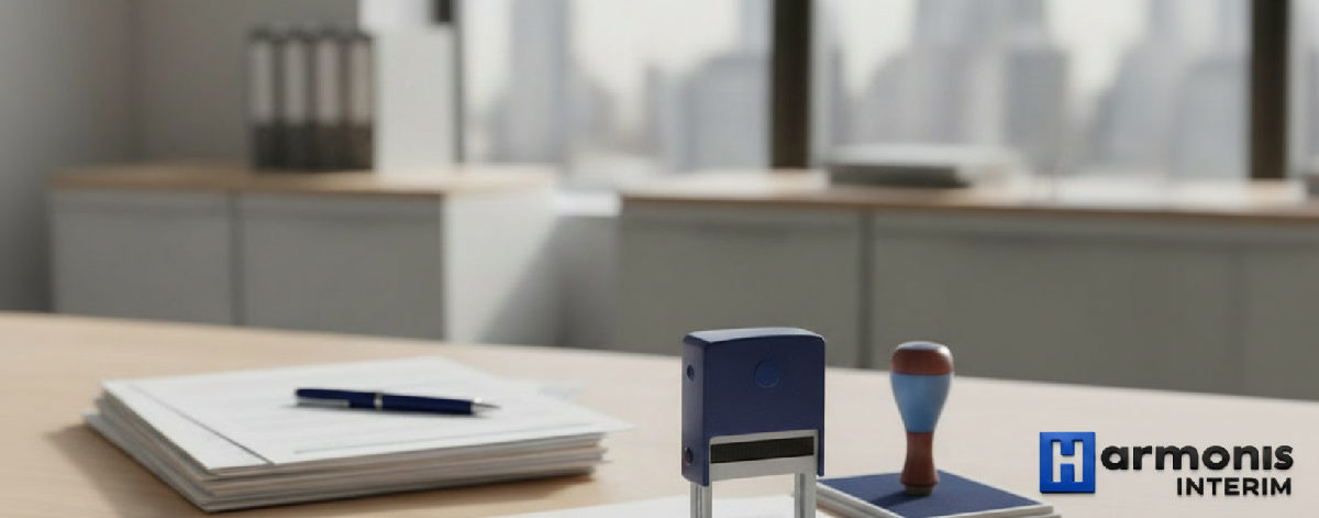 Bureau avec documents et tampon 'Conforme', gestion rigoureuse du recrutement.