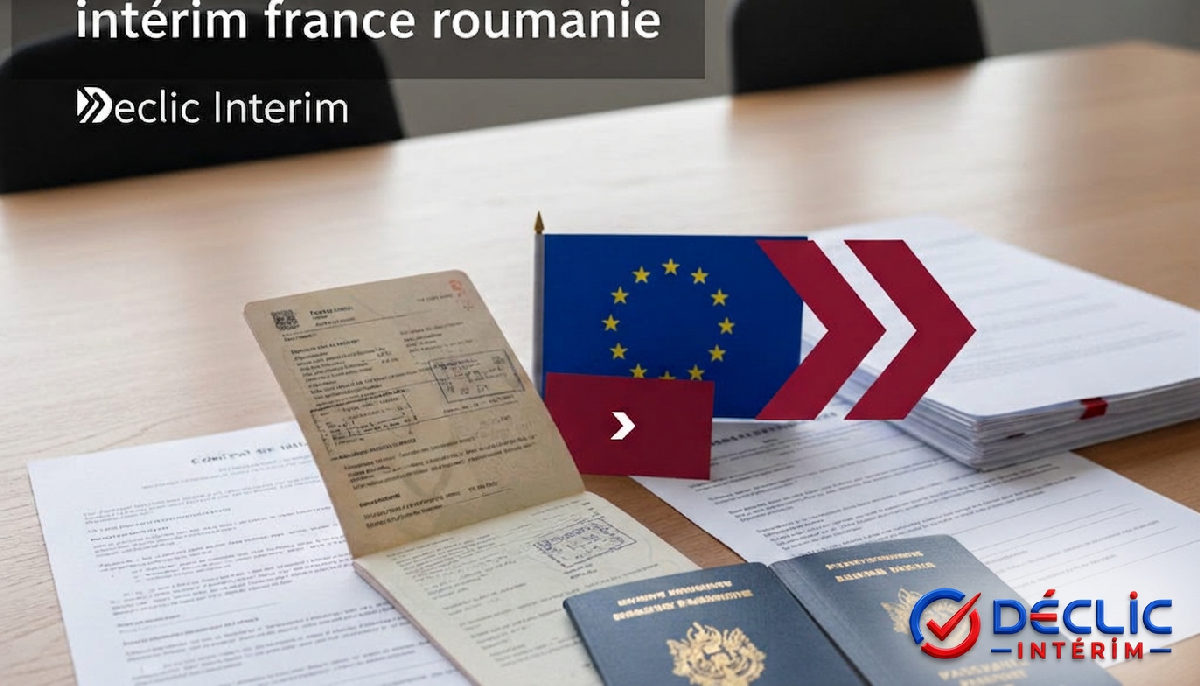 guide complet intérim france roumanie - Documents officiels, passeport et drapeau UE symbolisant la mobilité.