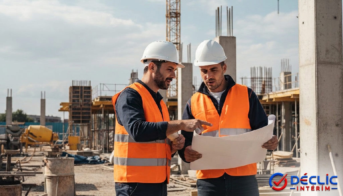 Ouvriers français et roumain discutant sur un chantier de construction.