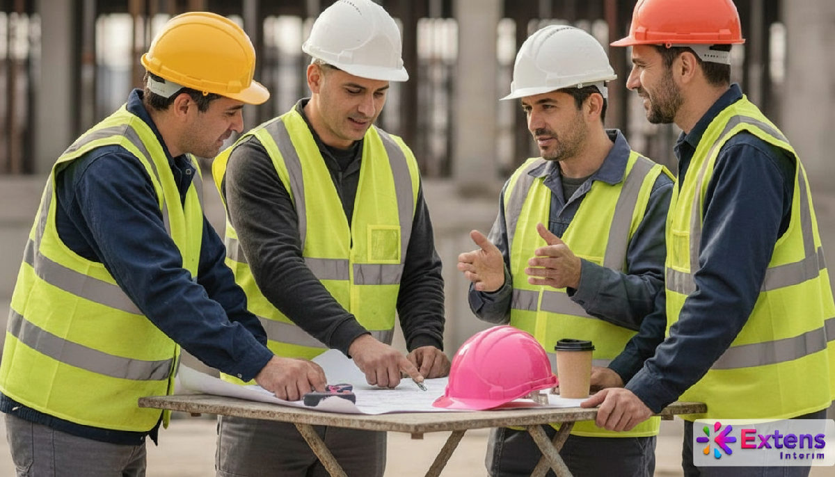 Ouvriers roumains et français échangeant à une table de chantier.