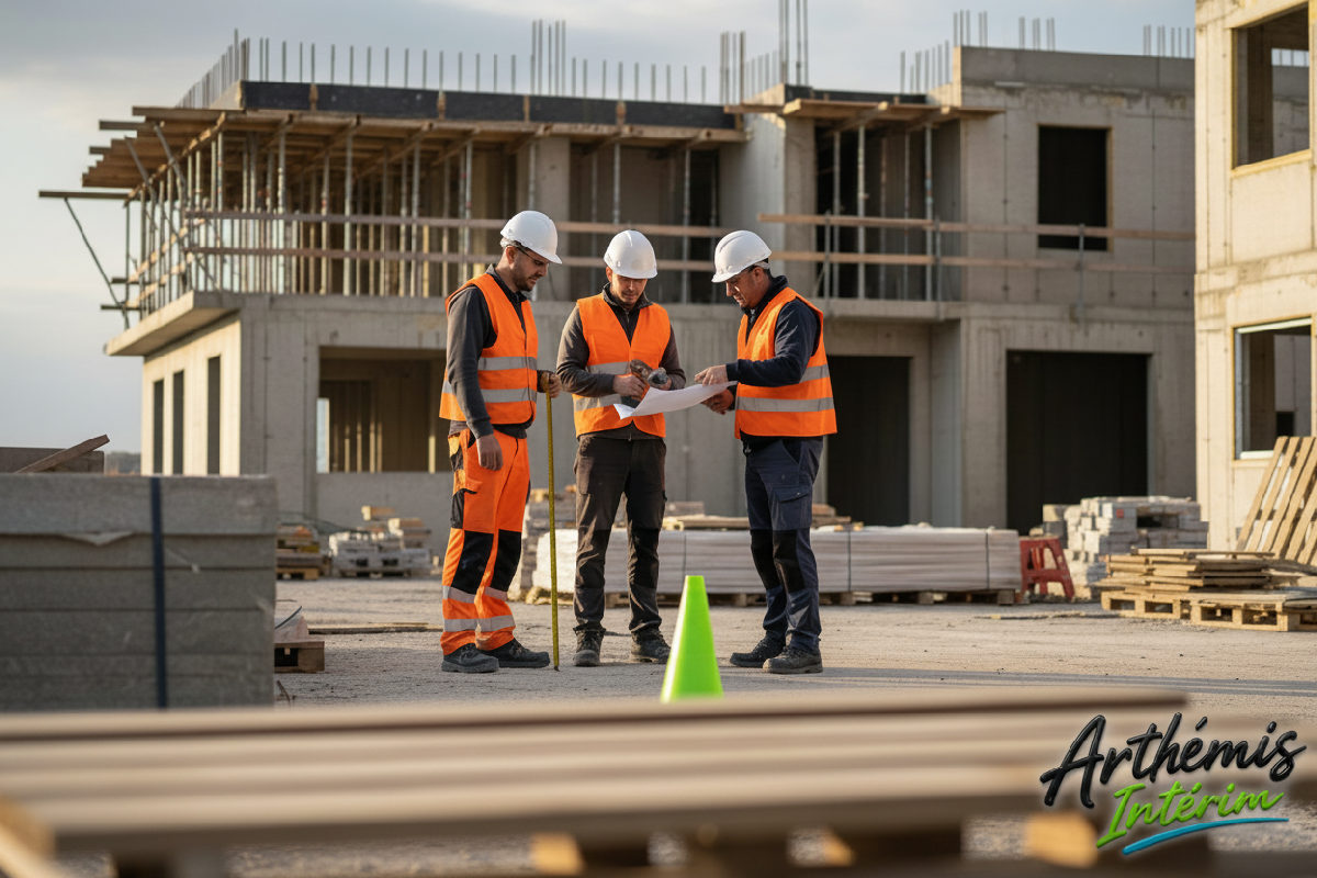 quel coût travailleur roumain intérim France - Travailleurs roumains sur un chantier français en tenues de sécurité.