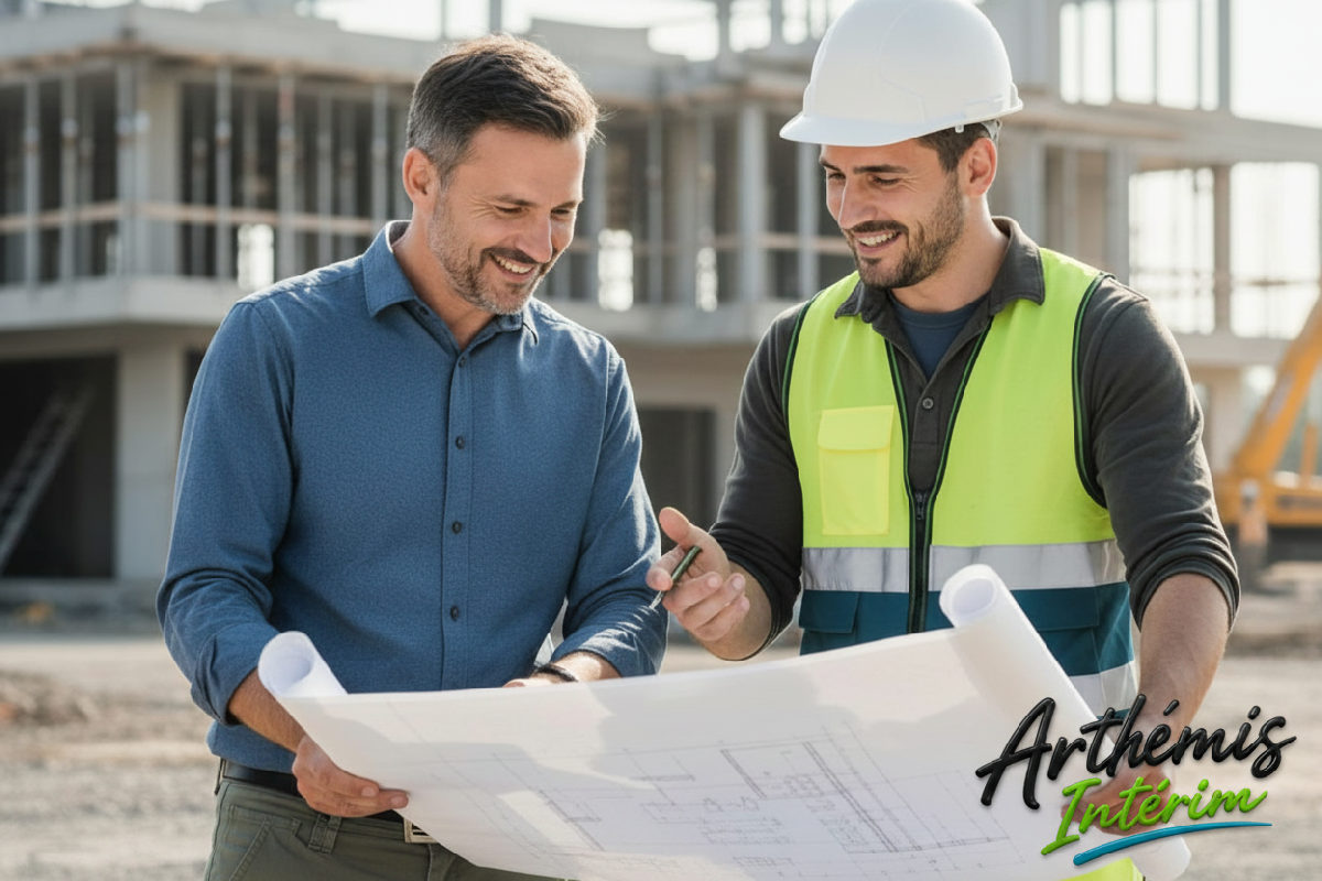 Manager français et contremaître roumain discutant sur un chantier.