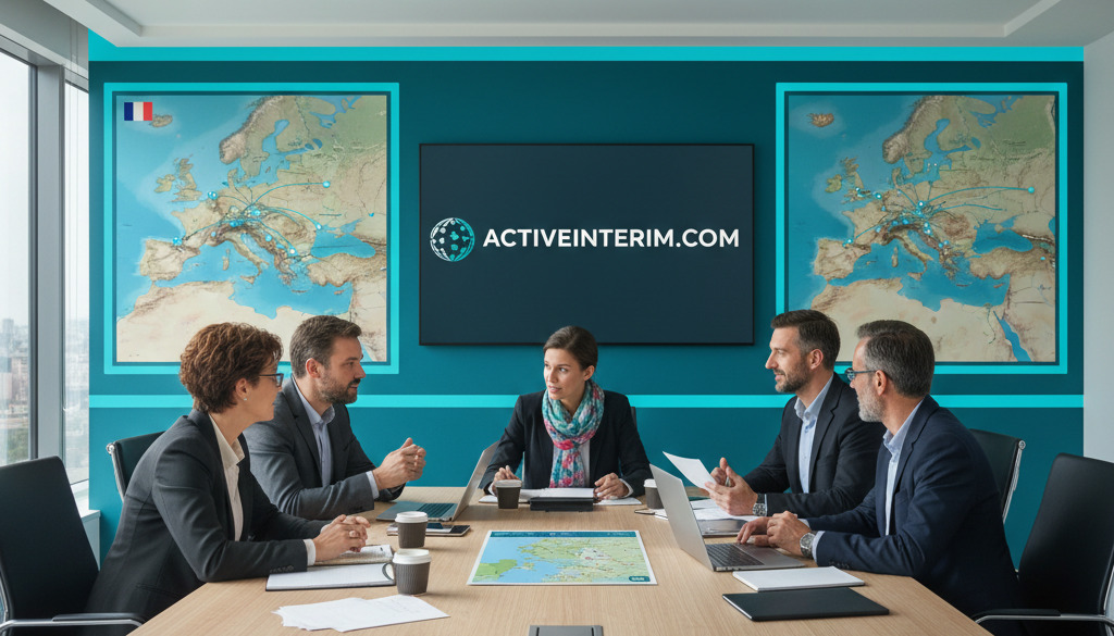agence recrutement franco-roumaine - Équipe dans une agence de recrutement avec carte de l'Europe.