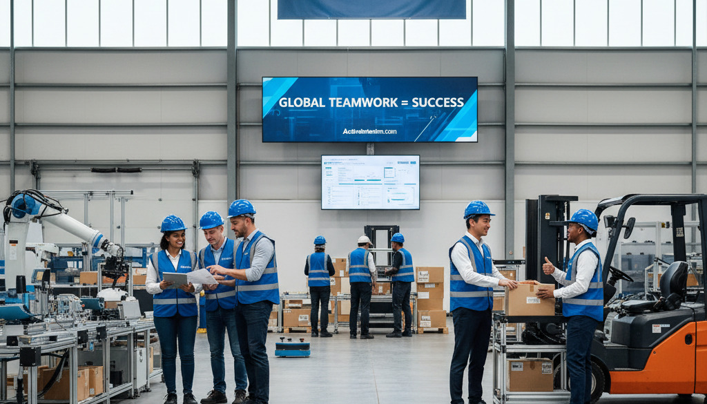 Travailleurs qualifiés collaborant dans un entrepôt moderne.