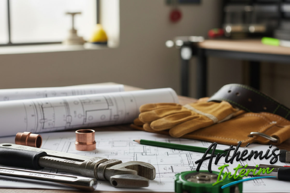 Gros plan sur des outils de plomberie professionnels et des plans.