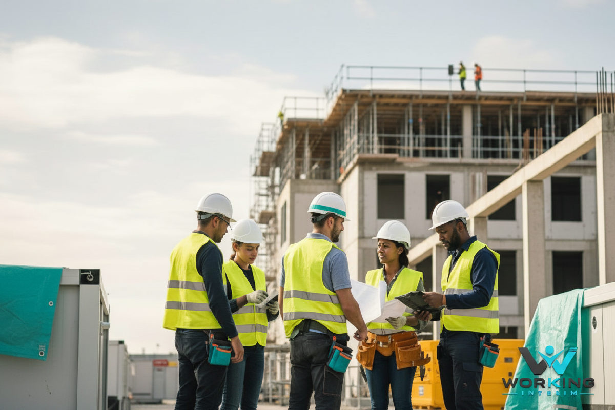 détachement ou embauche intérim Pologne BTP - Chantier de construction moderne avec ouvriers qualifiés en action.
