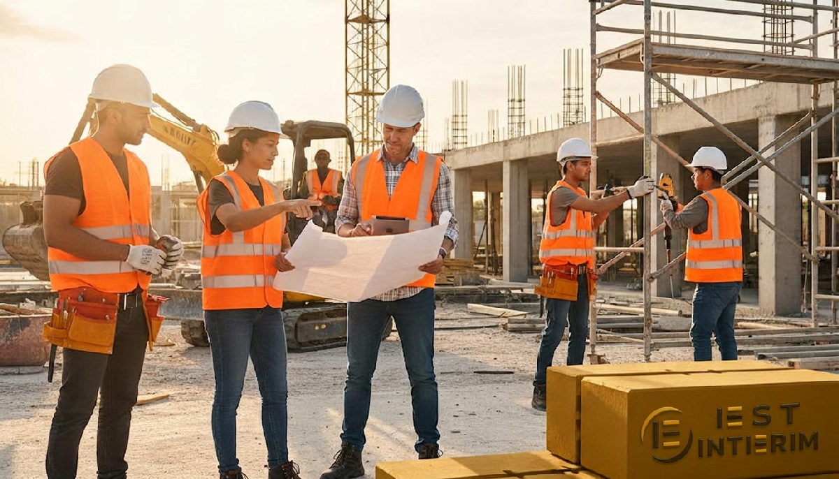 Ouvriers qualifiés sur un chantier, illustrant l'intérim international.