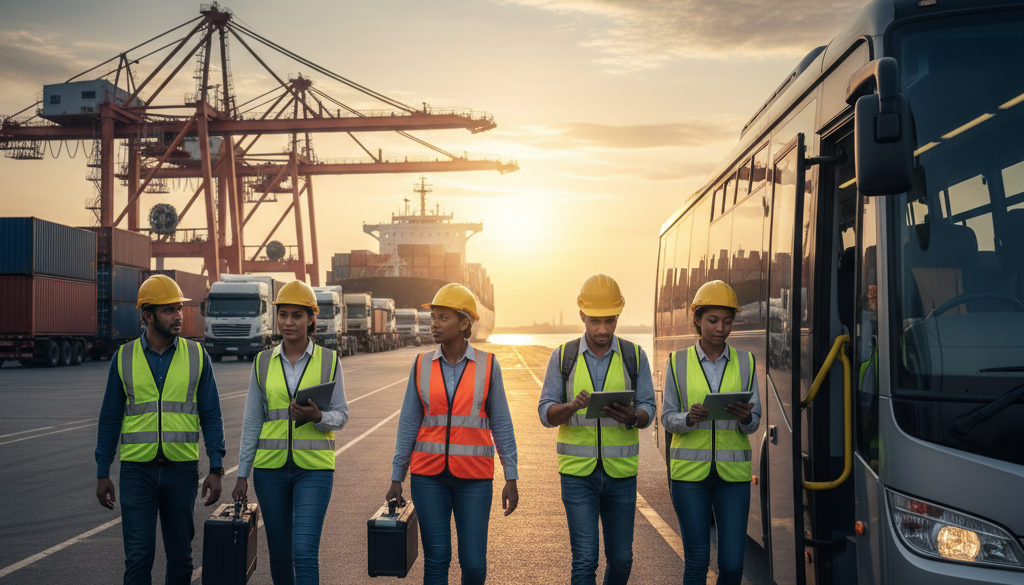 logistique transport travailleurs détachés – Camions garés sur un quai de chargement industriel.