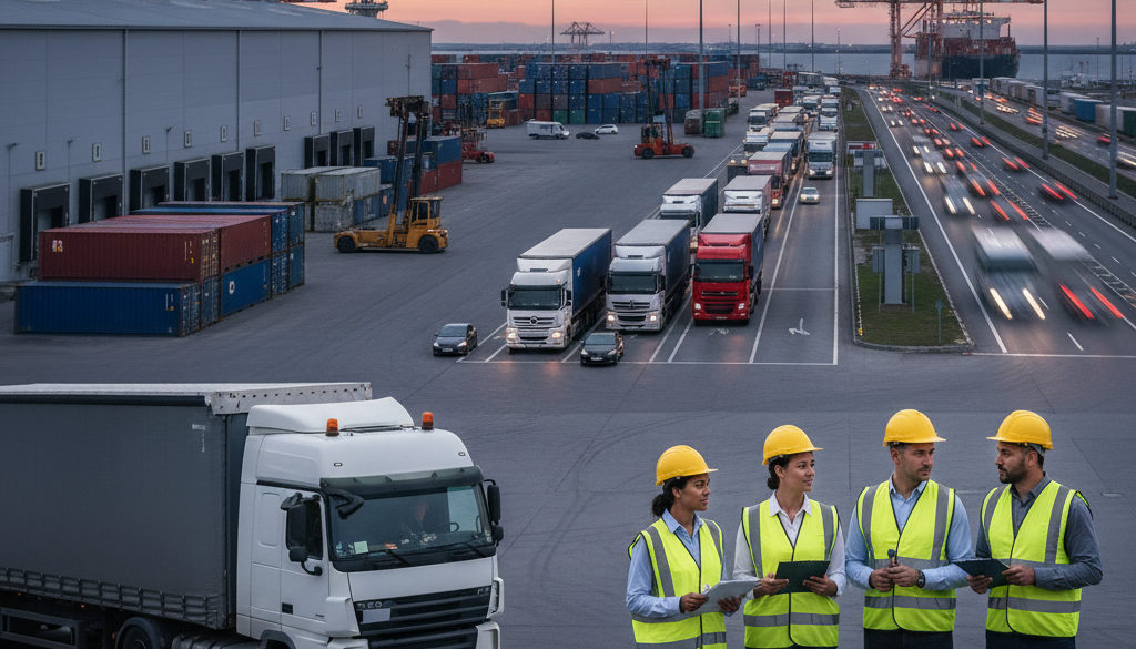 Vue aérienne d'un centre logistique avec des camions.