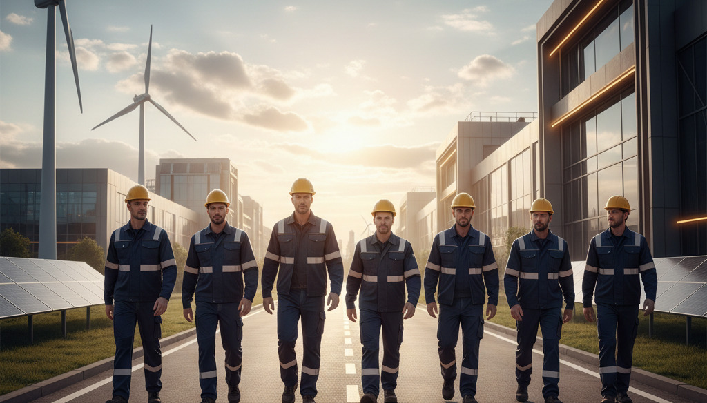 Travailleurs européens qualifiés arrivant sur un site industriel moderne en Europe.