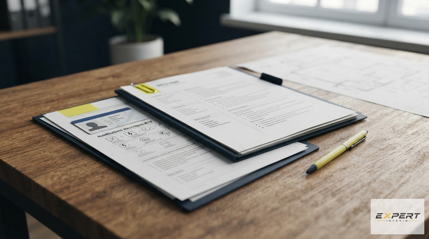 Un dossier de candidature avec CV, habilitations électriques et carte BTP.