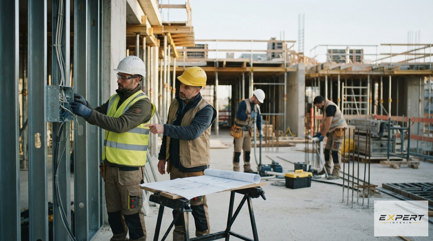 Une vue d'ensemble d'un chantier neuf avec une équipe d'ouvriers coordonnée.