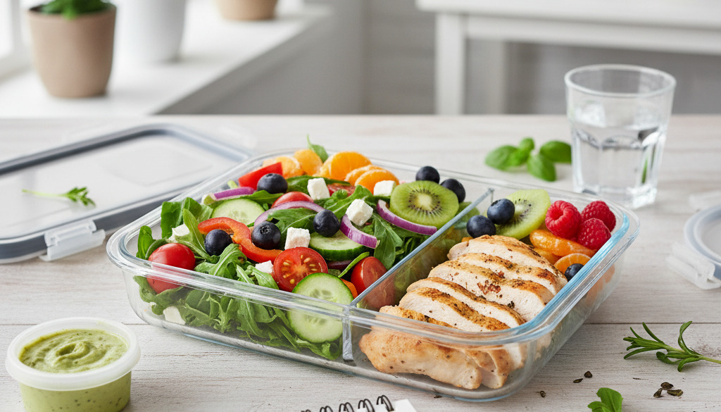 Fit przepisy - Kolorowy lunchbox pełen zdrowych składników: sałatka, kurczak, owoce.
