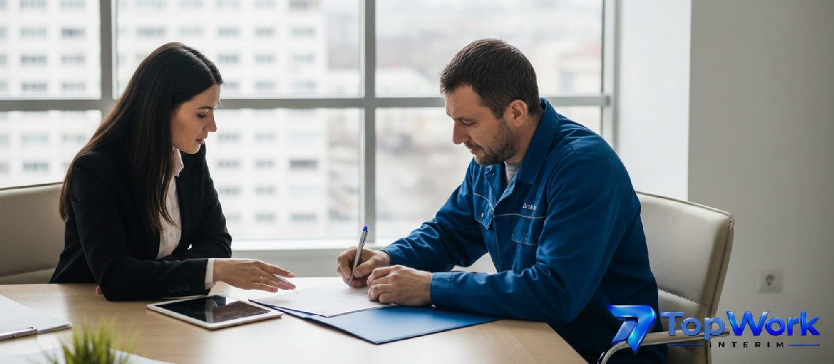 Signature de contrat d'un ouvrier roumain avant son départ pour la France.