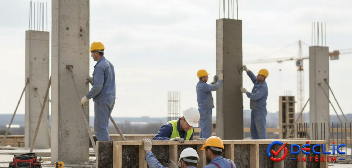 Maçons et coffreurs roumains travaillant sur béton armé.