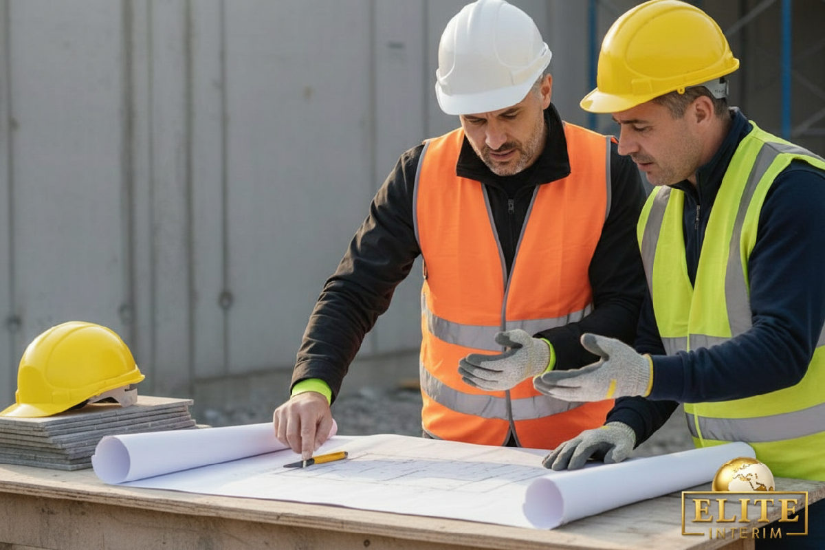 Chef de chantier expliquant des plans à un maçon roumain.