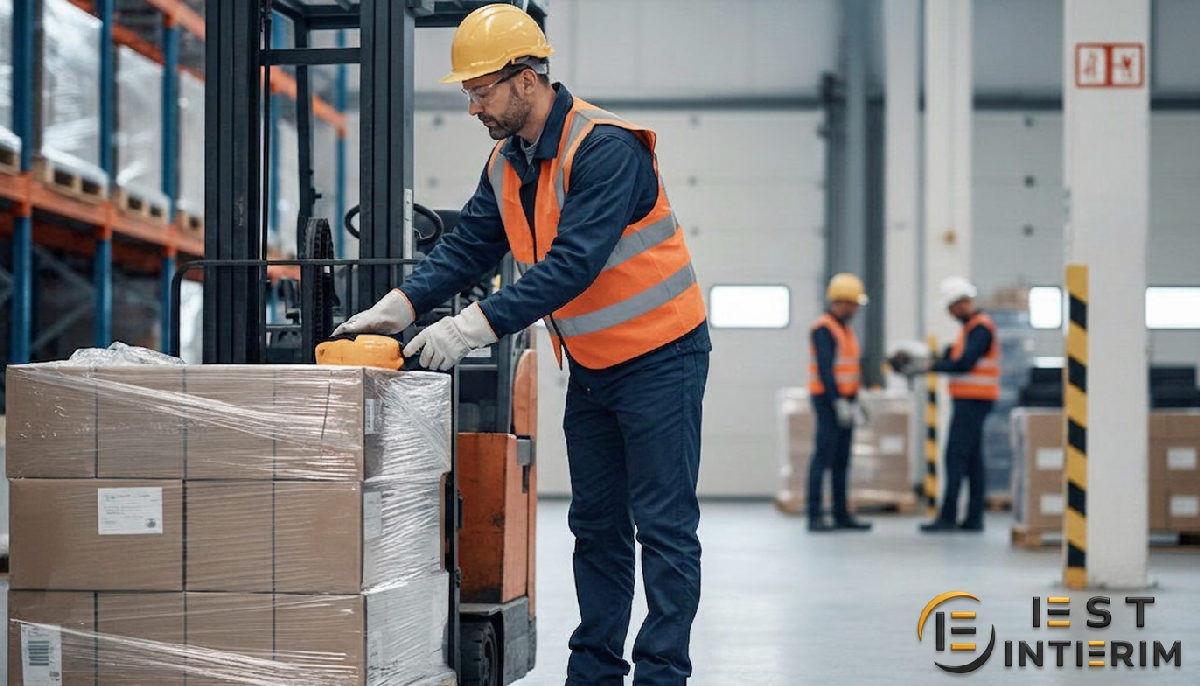 Ouvrier qualifié en EPI dans un entrepôt, sécurité au travail.