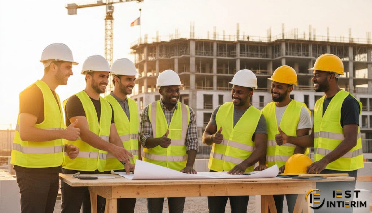Travailleurs du BTP internationaux souriants sur un chantier français.