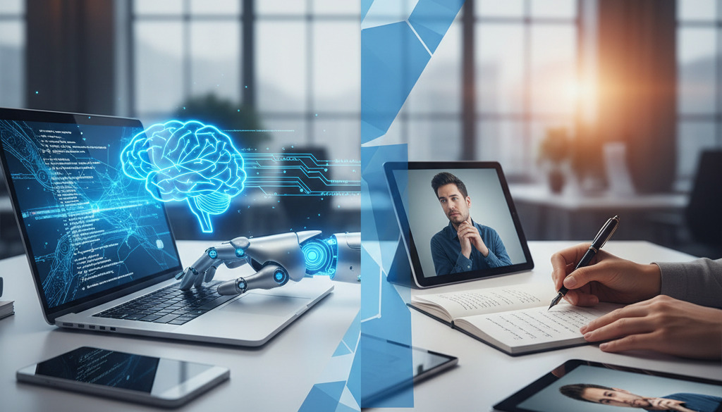 Symbolic image representing AI content creation versus human freelancers.