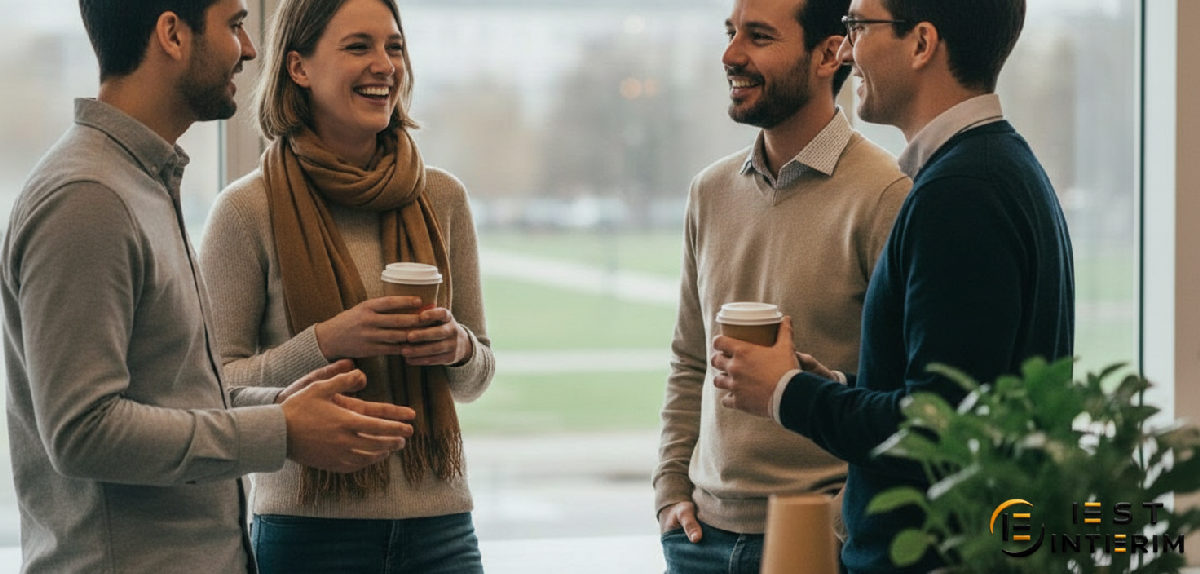 Équipe mixte partageant une pause conviviale, exemple d'intégration réussie.