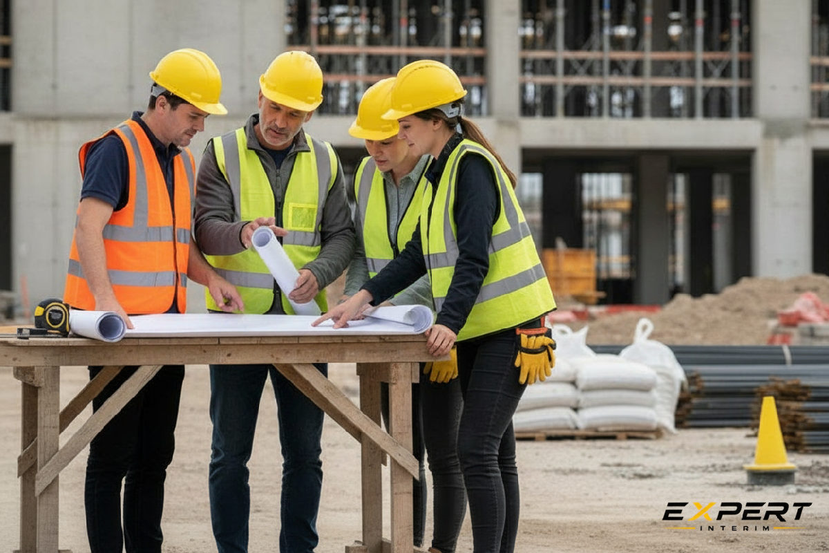 Chef de chantier avec une équipe d'intérimaires sur un site.