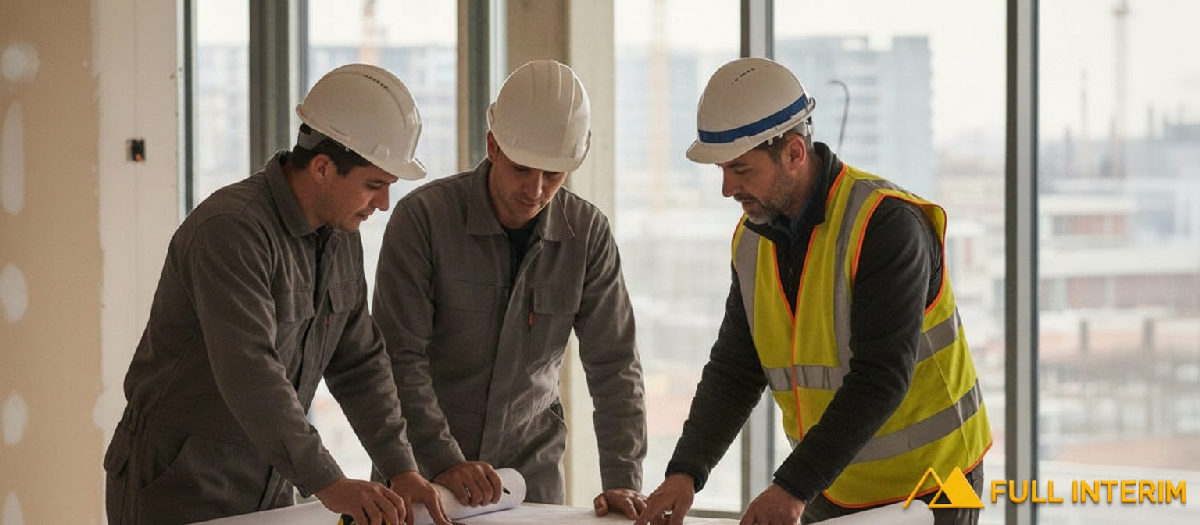 Équipe de plaquistes roumains et conducteur de travaux français sur un chantier.