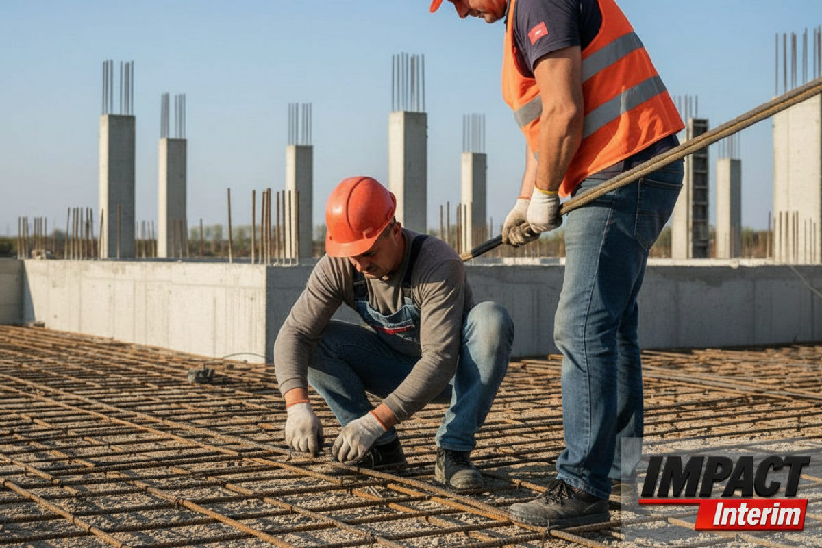 Maçons collaborant au ferraillage d'une dalle en béton.
