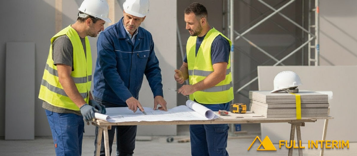 Ouvriers roumains et chef français discutant de plans.