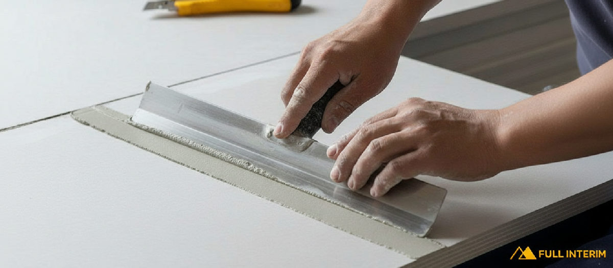 Gros plan sur un joint de plaque de plâtre parfait.