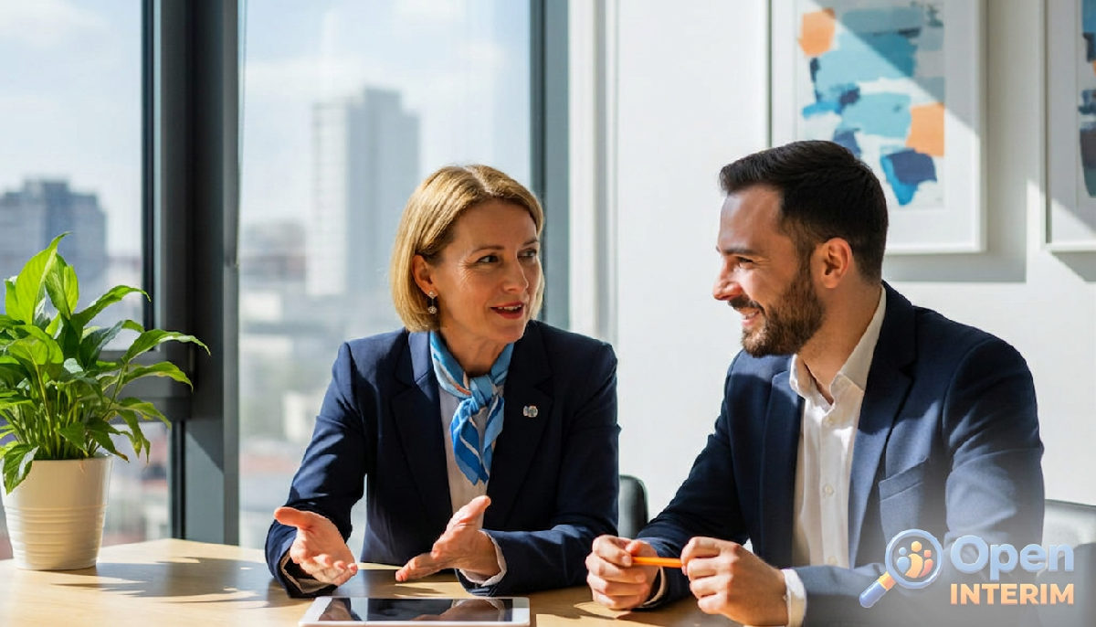 Responsable RH et salarié roumain en discussion.