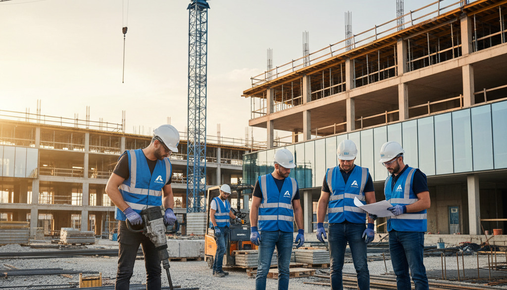 personnel BTP roumain France - Ouvriers roumains sur un chantier en France, équipés pour la sécurité.