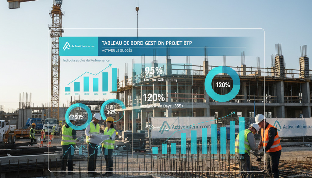 Tableau de bord BTP avec chantier actif et équipes roumaines.