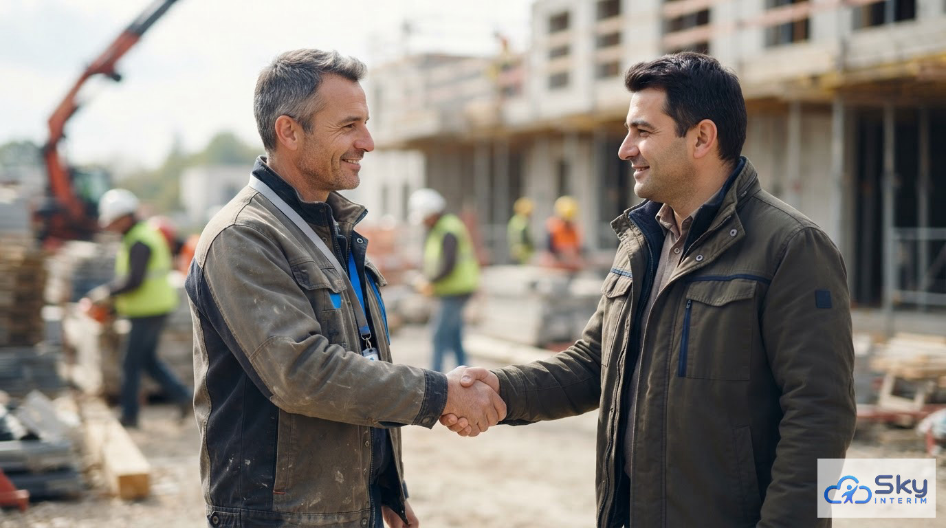Poignée de main professionnelle entre un chef de chantier et un responsable.