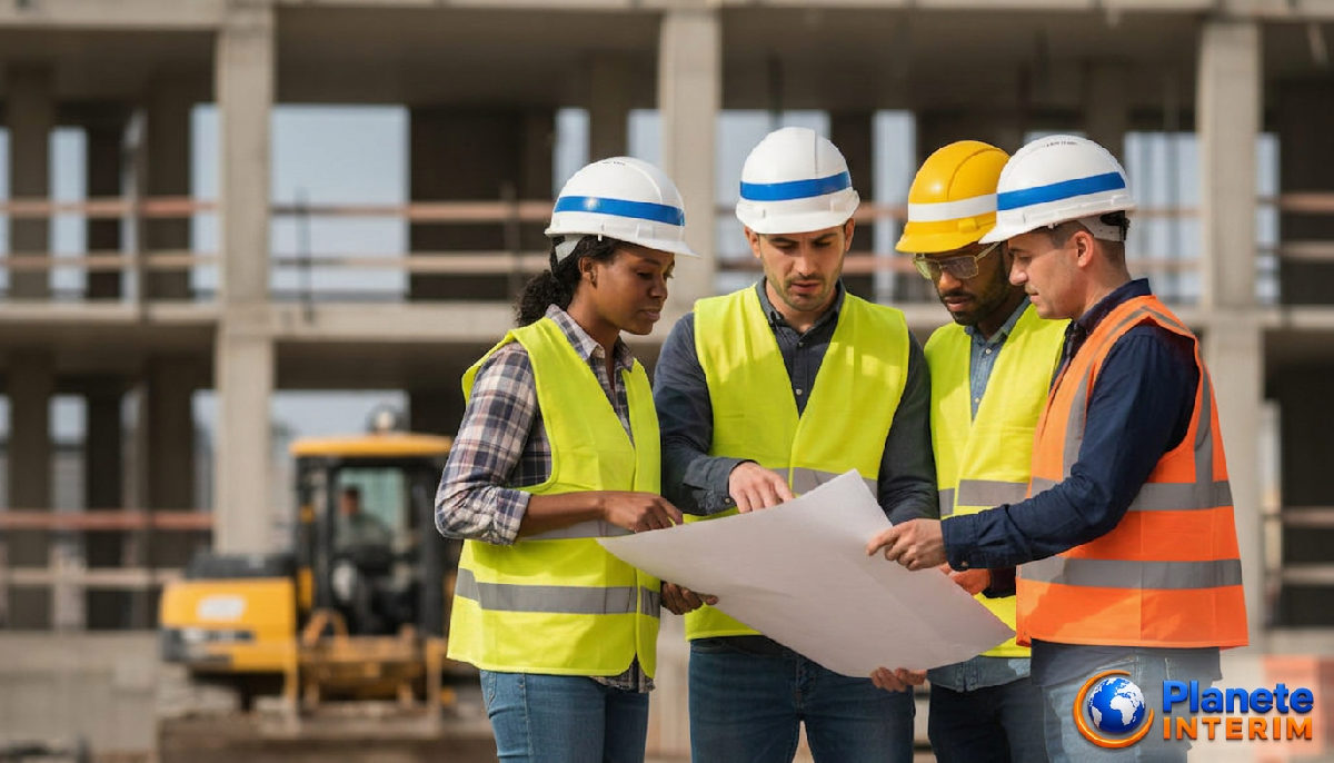 avantages recrutement Roumanie rentabilité - Chantier de construction en France avec une équipe diversifiée et concentrée.