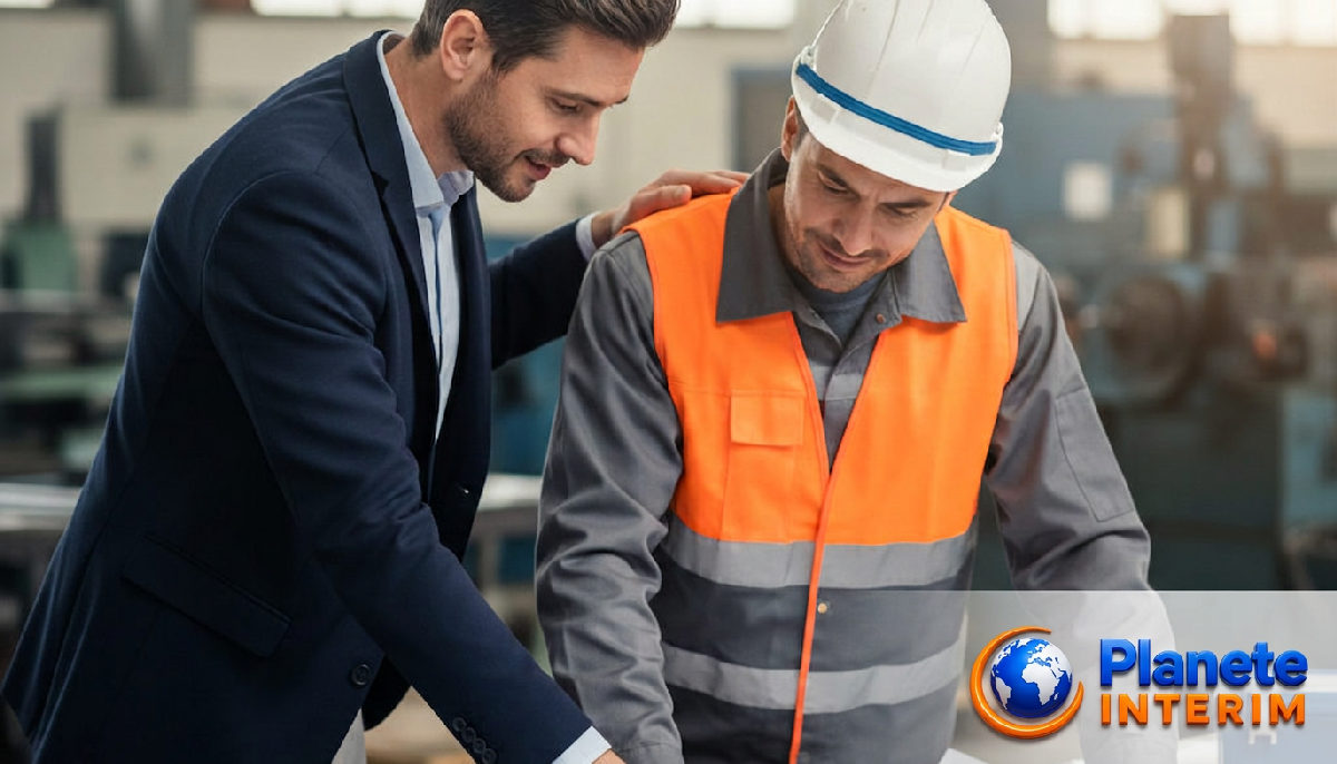 Manager français et ouvrier roumain examinant un plan dans une usine.