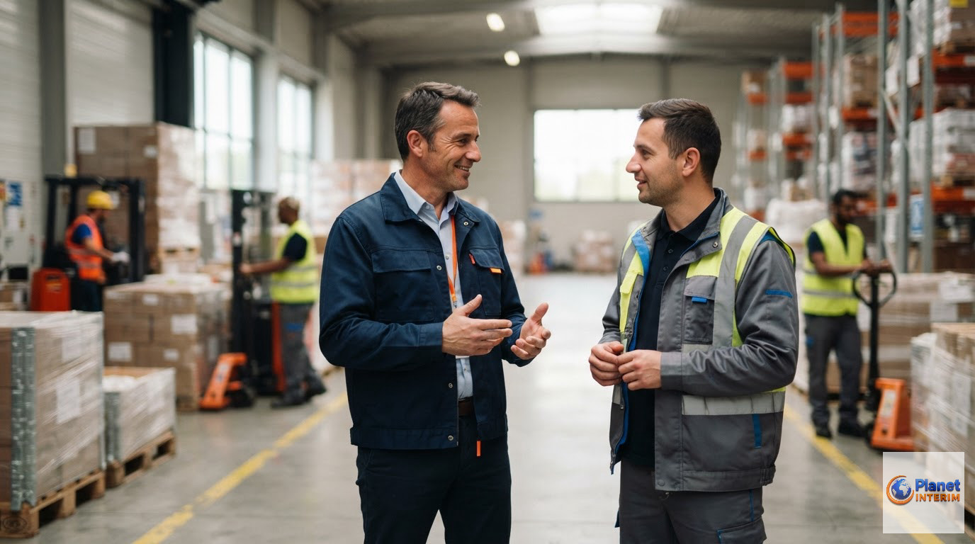Un manager et un chef d'équipe discutant sur une plateforme logistique.