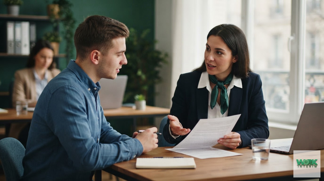 Deux professionnels discutant des détails d'un contrat de travail au bureau.