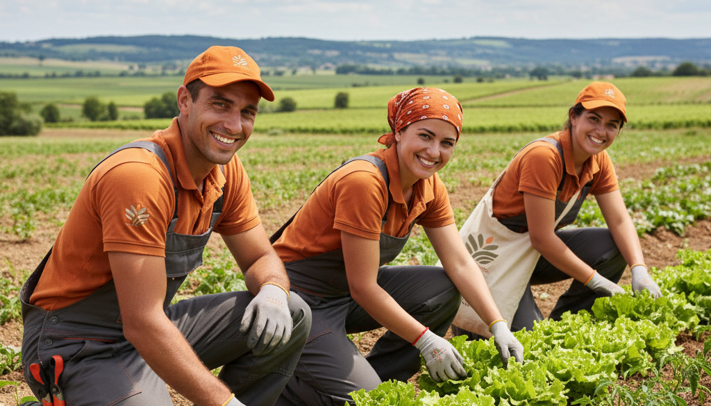 Travailleurs agricoles roumains souriants inspectant des légumes en France.