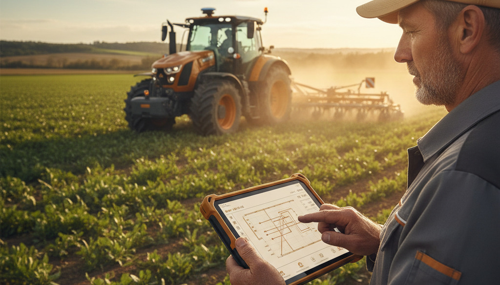 Travailleur agricole utilisant une tablette pour contrôler un équipement moderne.