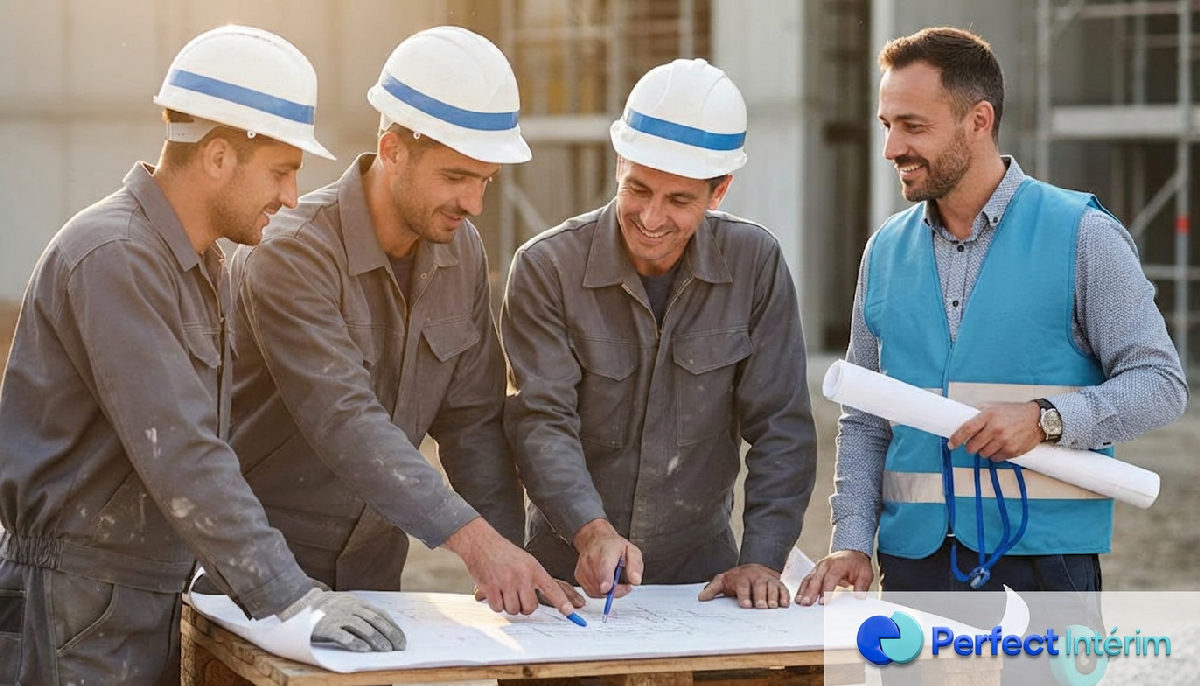 Maçons roumains et chef de chantier français collaborant sur un projet.