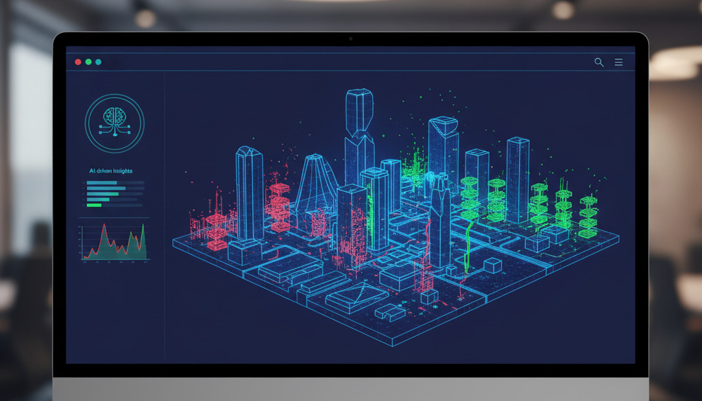 AI SEO dashboard visualizes website architecture, highlighting errors and speed issues.