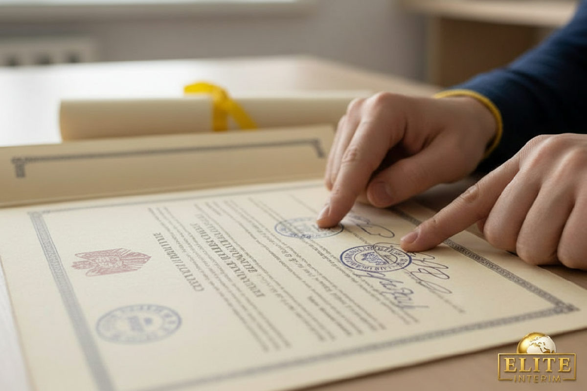 Gros plan sur un certificat de qualification professionnelle roumain.