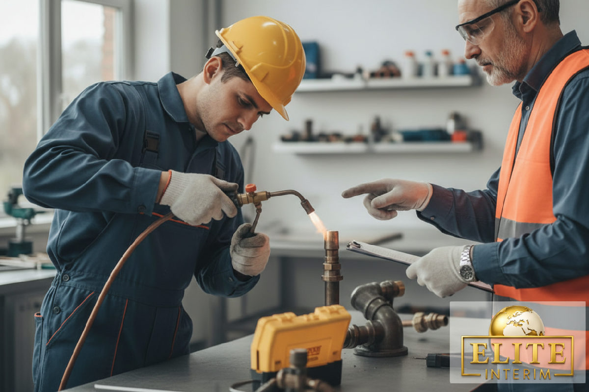 Plombier qualifié testant ses compétences de soudure.