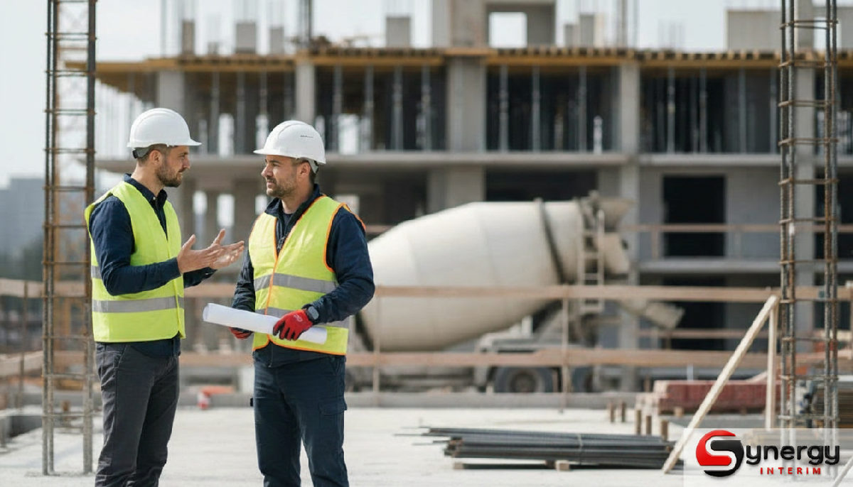 Quelle assurance pour agence interim roumaine ? 1 quelle assurance pour agence interim roumaine - Site de construction : échange entre un chef de chantier et un ouvrier roumain.