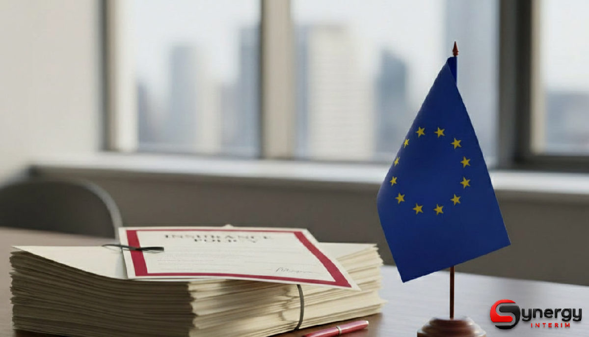 Quelle assurance pour agence interim roumaine ? 2 Bureau avec documents, contrat d'assurance et drapeau européen.