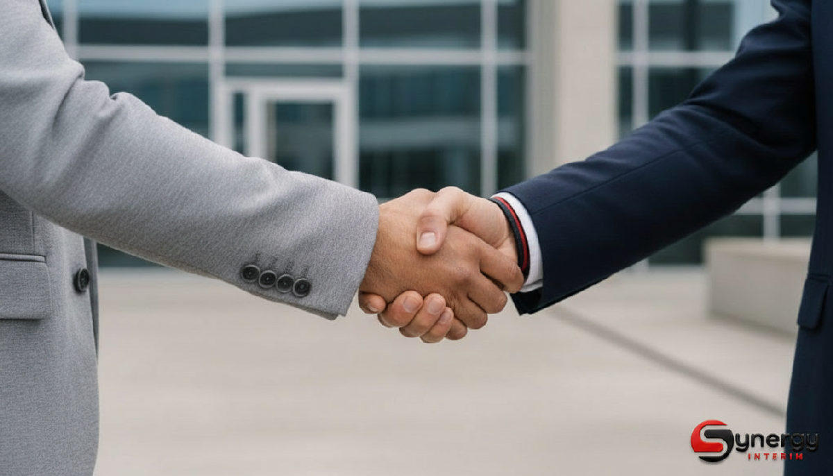 Quelle assurance pour agence interim roumaine ? 3 Poignée de main de partenaires d'affaires devant un bâtiment industriel.