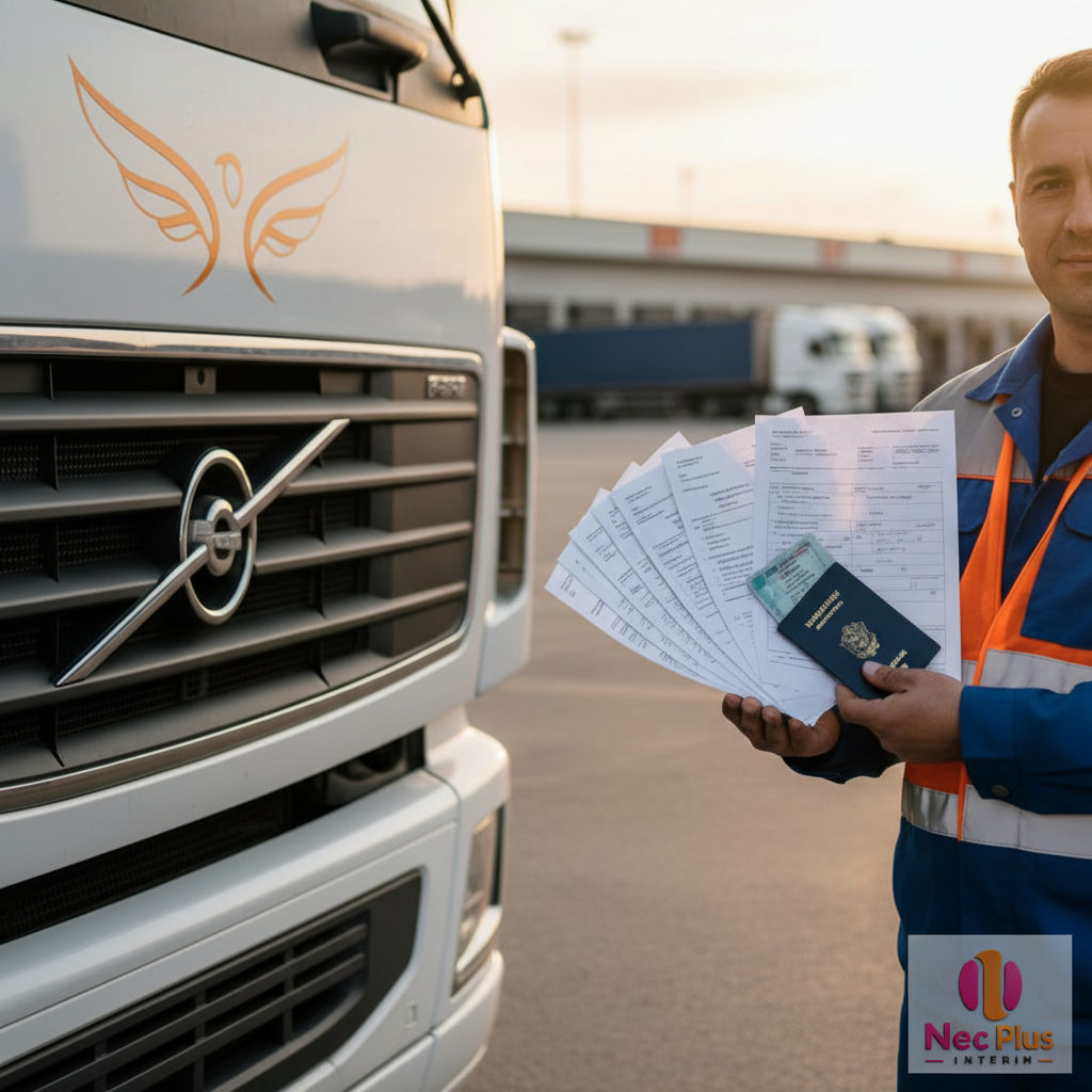 Quels documents pour embaucher un chauffeur roumain - Chauffeur routier roumain professionnel avec documents devant un camion.
