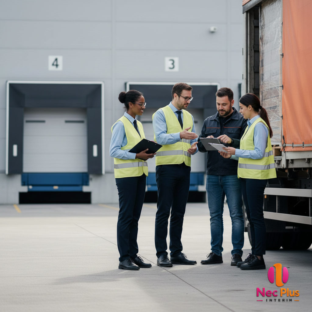Équipe logistique et chauffeur roumain devant un entrepôt.
