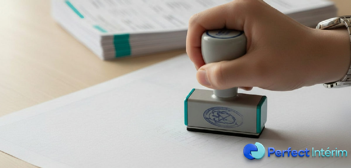 Main tamponnant un document A1 officiel avec des formulaires de paie.