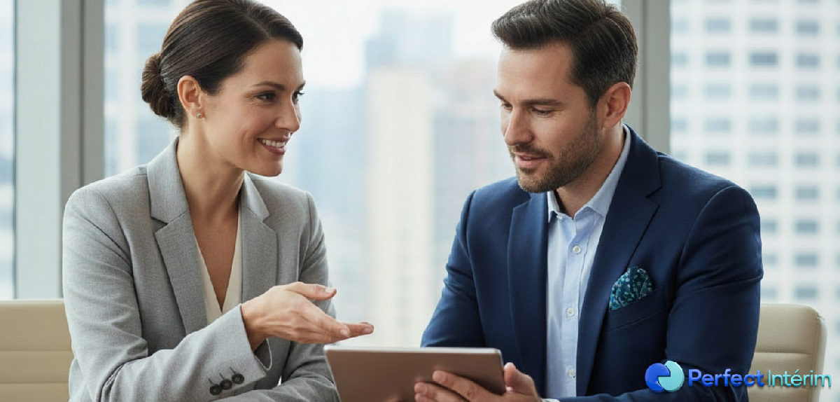 Chef d'entreprise confiant discutant avec un expert en paie internationale.